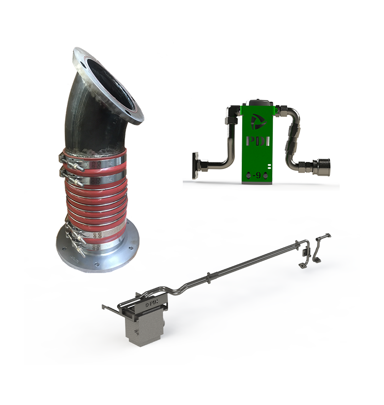 Collage of engineered products for locomotive air systems, including turbo duct, compressed air water separator and air dryer piping kit