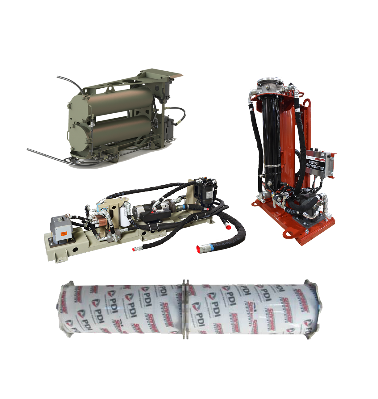 Locomotive fuel systems collage including PDI's patent pending Diesel Dehydrator, fuel filter element, fuel filter housing and custom fuel skid