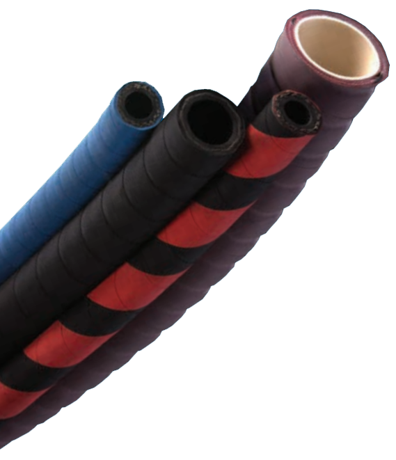 A group of industrial hoses in various materials and sizes