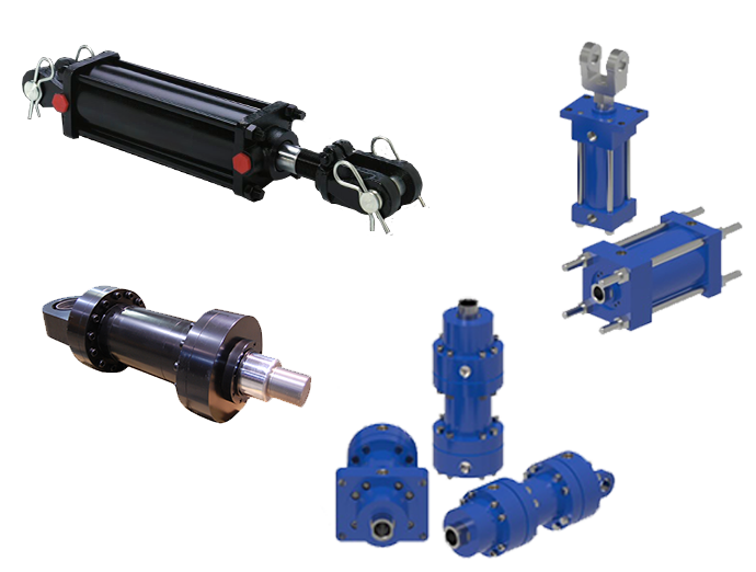 Collage of hydraulic cylinders including NFPA, mill, welded and agricultural