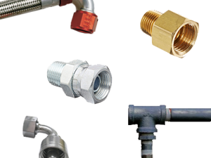 Aluminum, steel, stainless steel, brass and black pipe ydraulic fitting collage