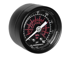 Black pneumatic gauge with red and white writing