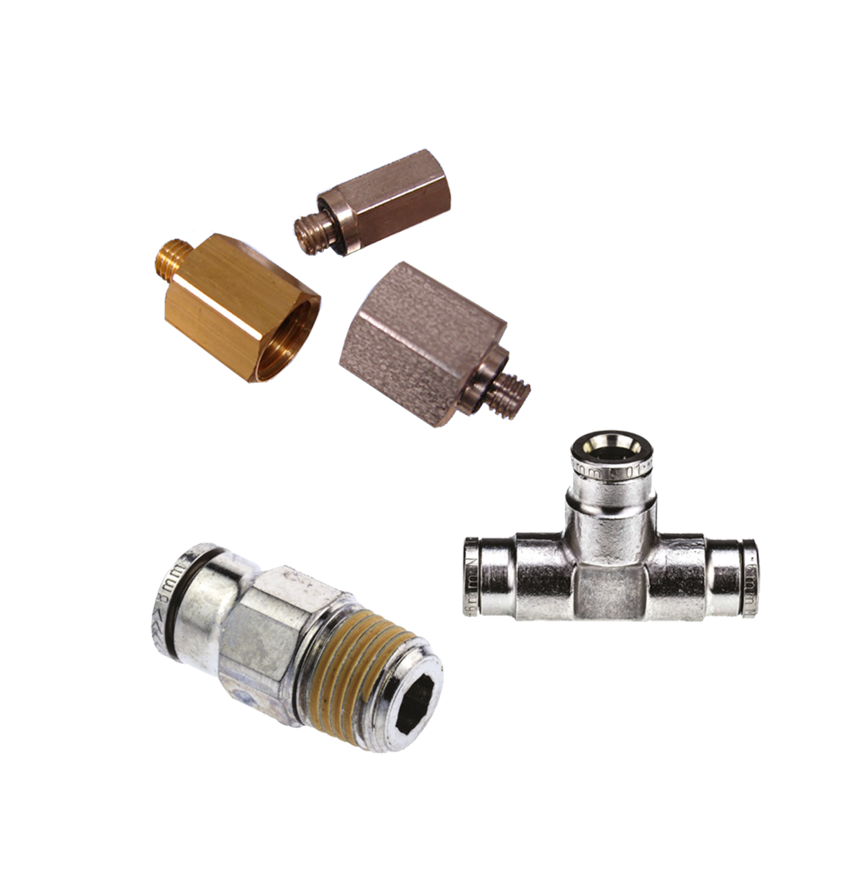 Pneumatic adapter collage of threaded and tube-to-tube adapters