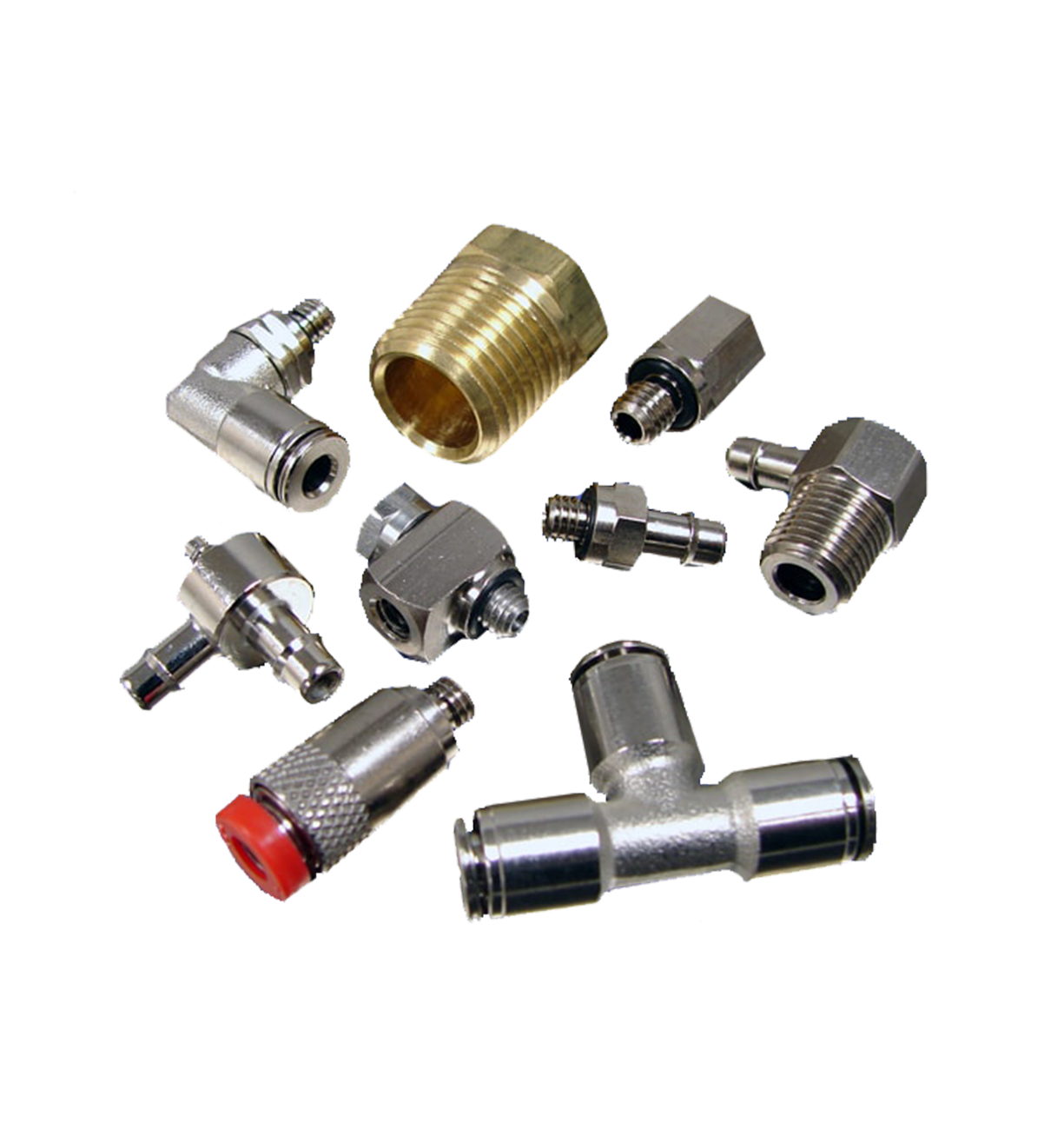 Collage of nine different pneumatic fittings