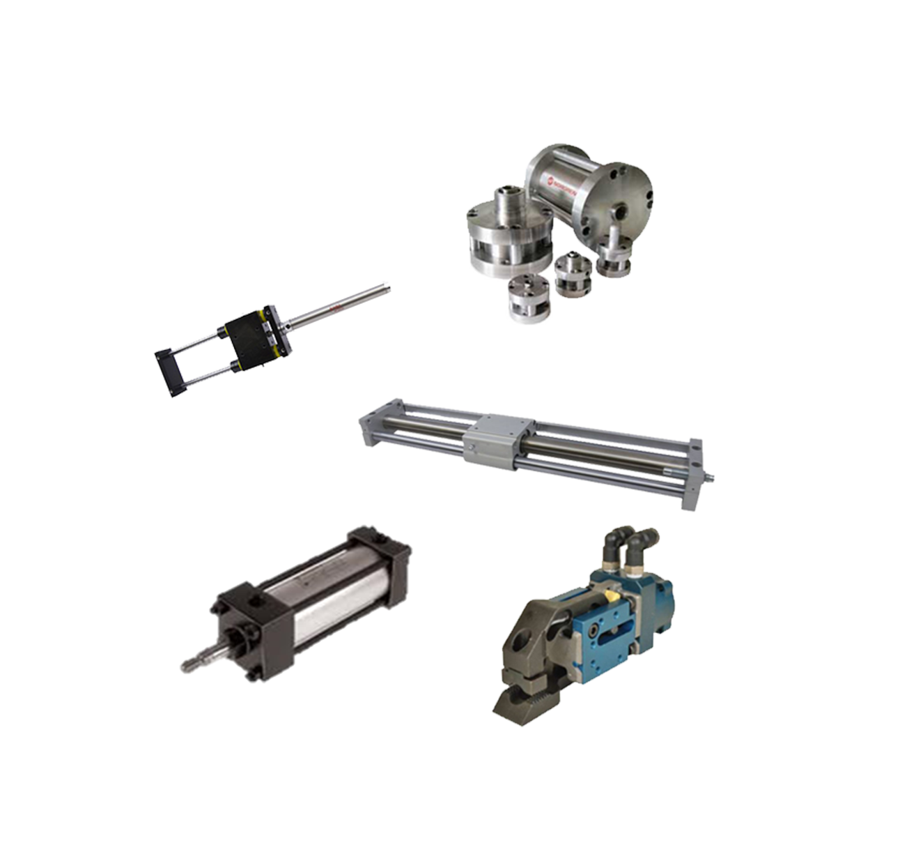 Pneumatic actuator collage of gripper, rodless, NFPA, compact and thruster actuators