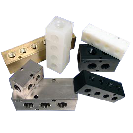 Collage of pneumatic manifolds including steel brass and nylon