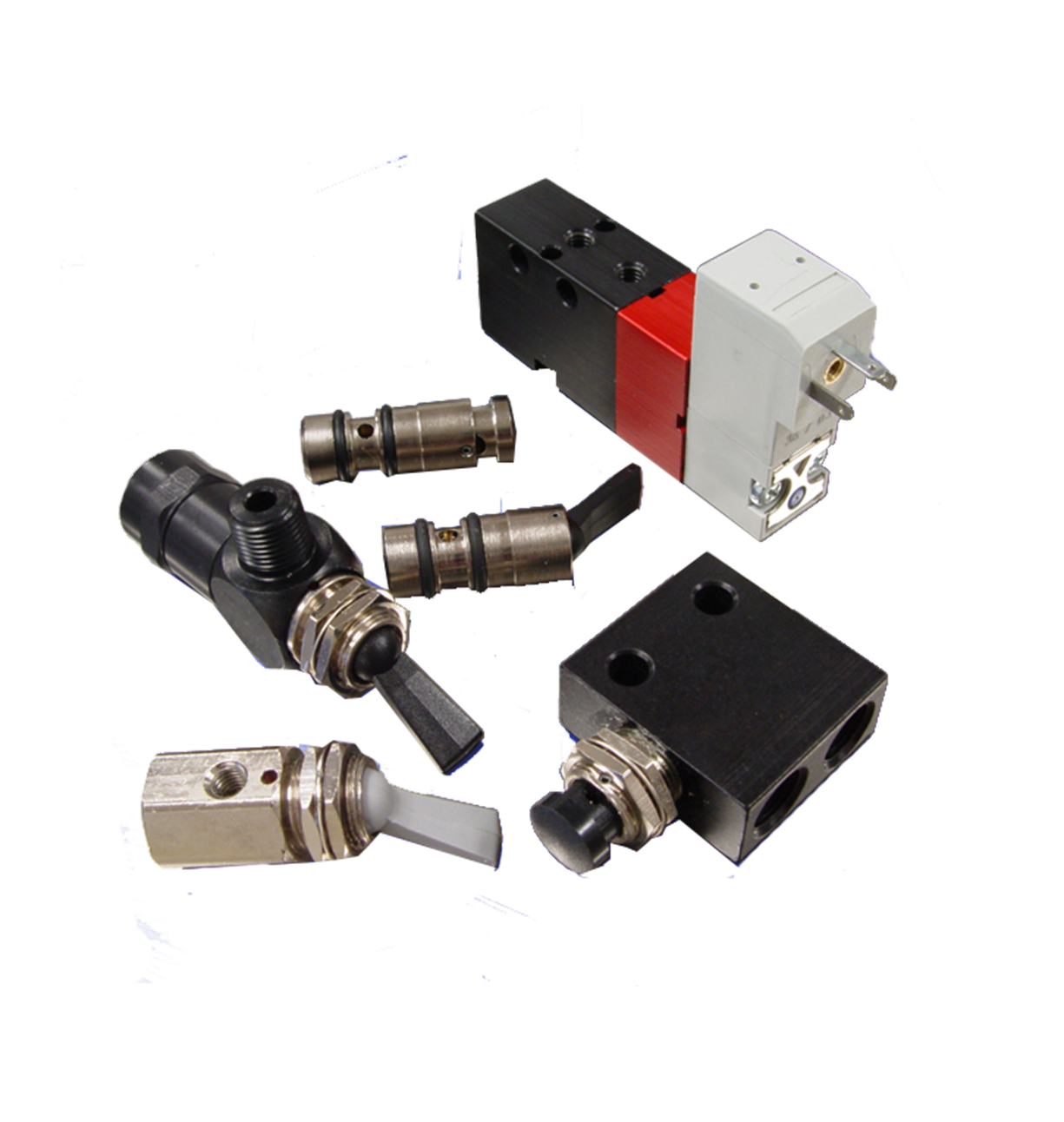 Collage of pneumatic valves including solenoid and manual