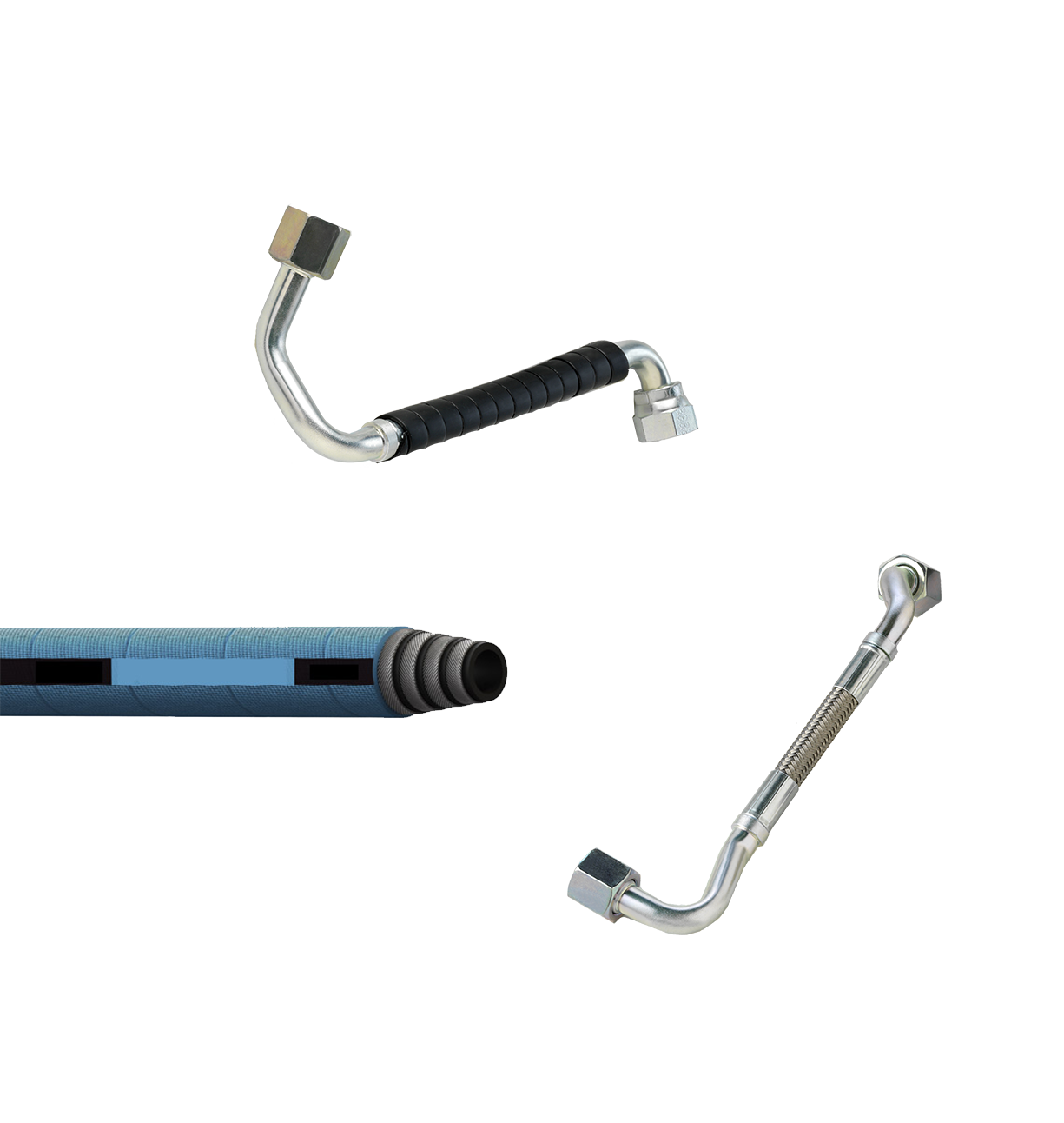 Collage of low pressure fuel hose-tube combinations and low pressure AQP hose for diesel engine applications.