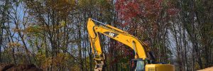 Excavator digging in woods